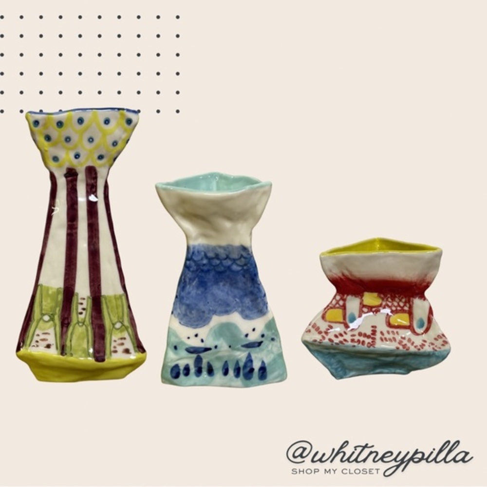 Colorful Hand Painted Ceramic Bud Vase Set Folk Art Boho Decor Set of 3